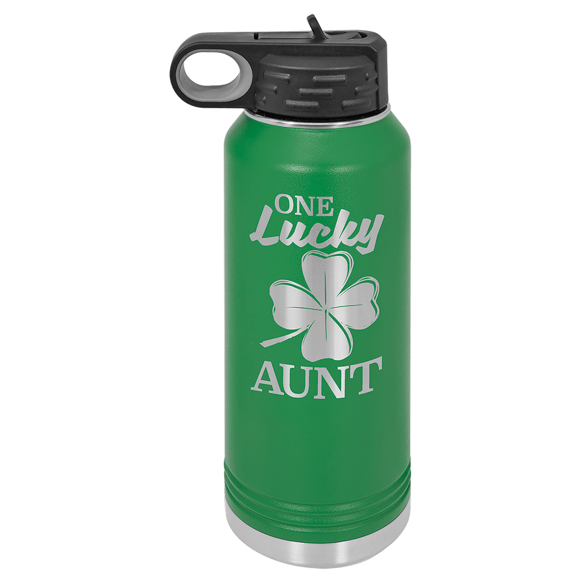 Personalized 32 oz green powder coated insulated water bottle with flip-top straw lid