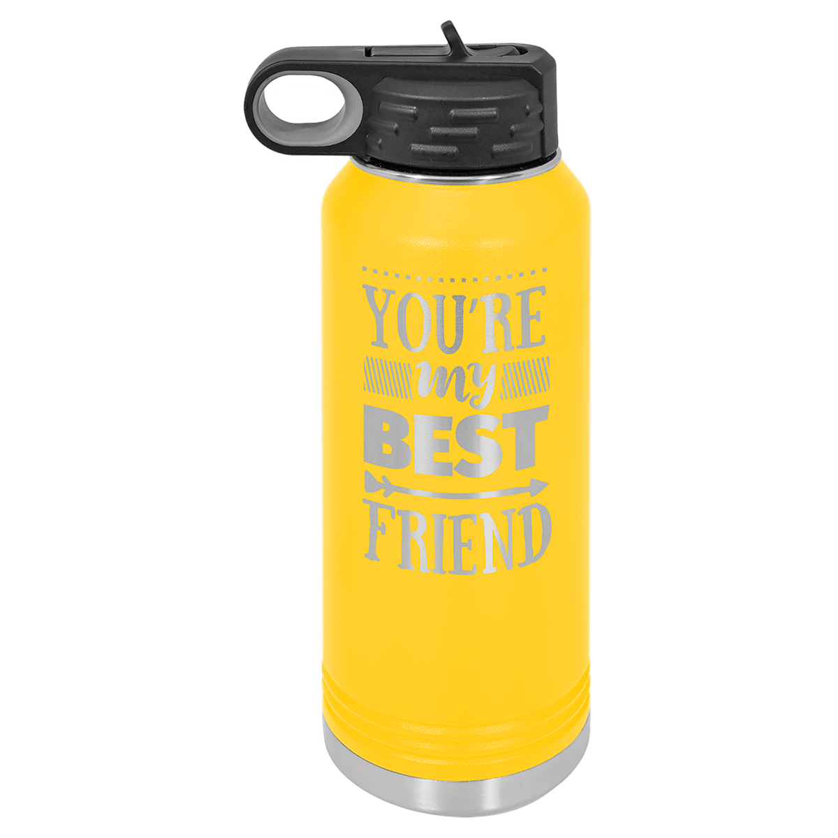 Personalized 32 oz yellow powder coated insulated water bottle with flip-top straw lid