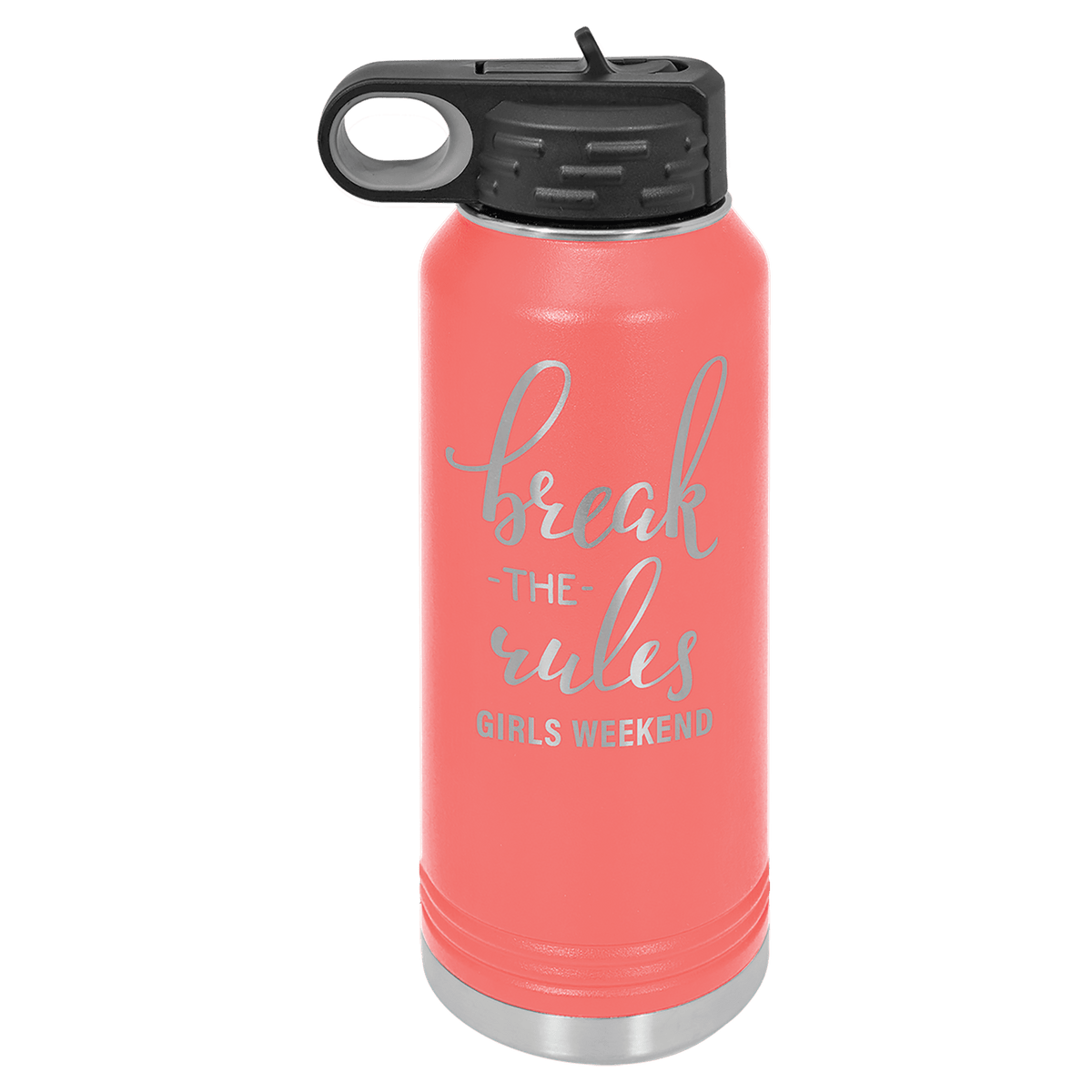 Personalized 32 oz coral powder coated insulated water bottle with flip-top straw lid
