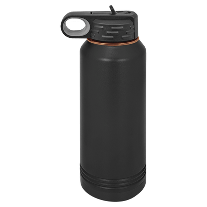 Black water bottle with a black lid and rose gold rim