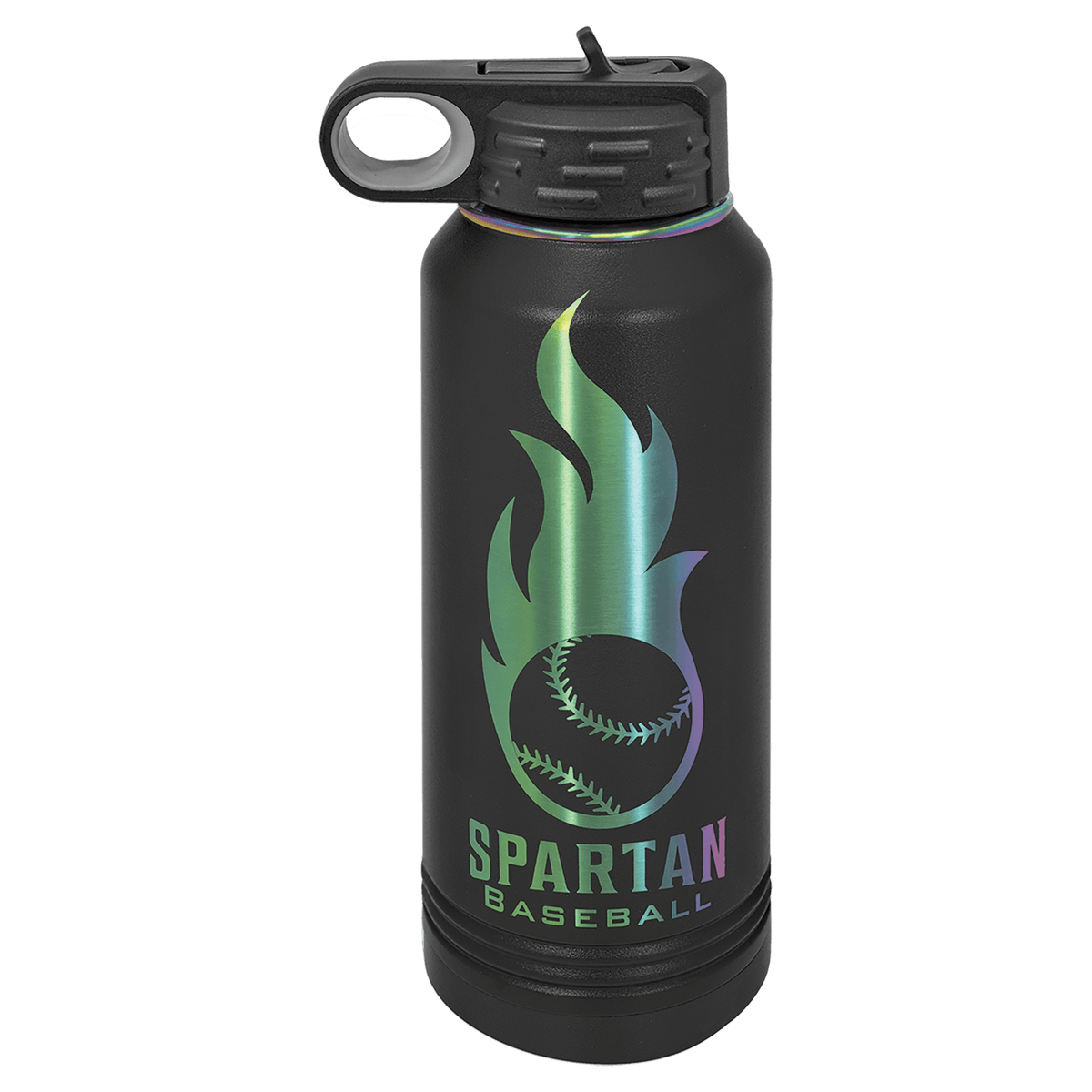 Personalized 32 oz. water bottle in black with prism iridescent engraving