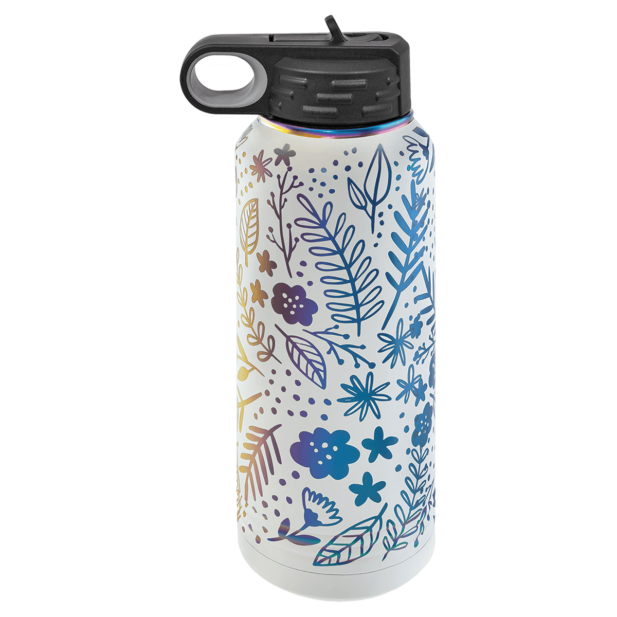 Personalized 32 oz. water bottle in white with prism iridescent engraving