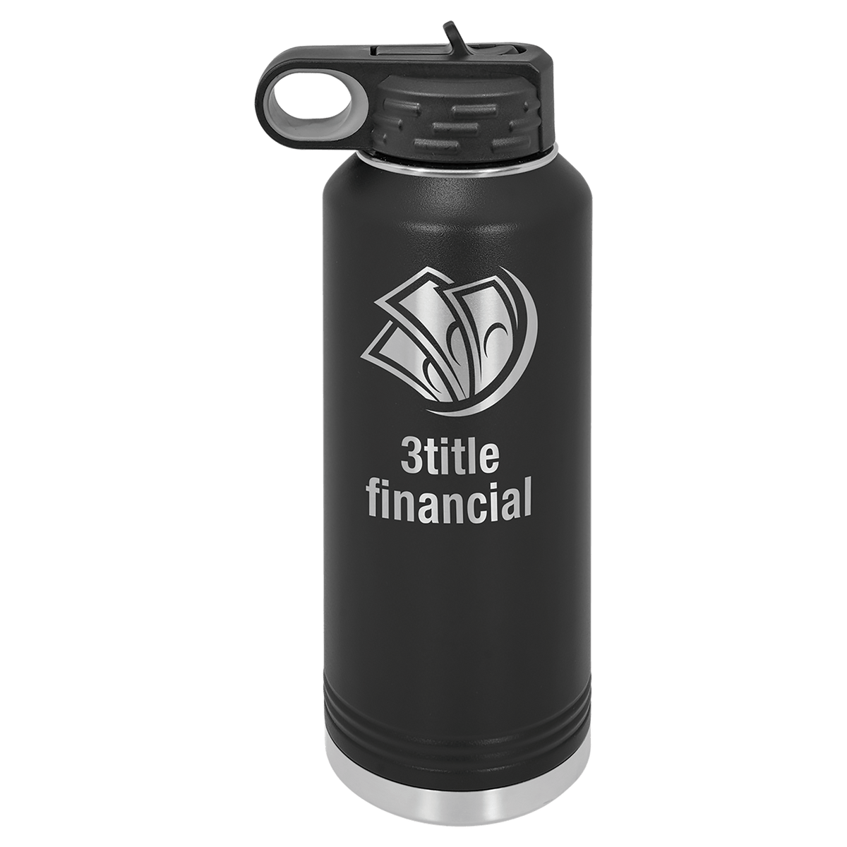 Personalized 40 oz black powder coated insulated water bottle with flip-top straw lid