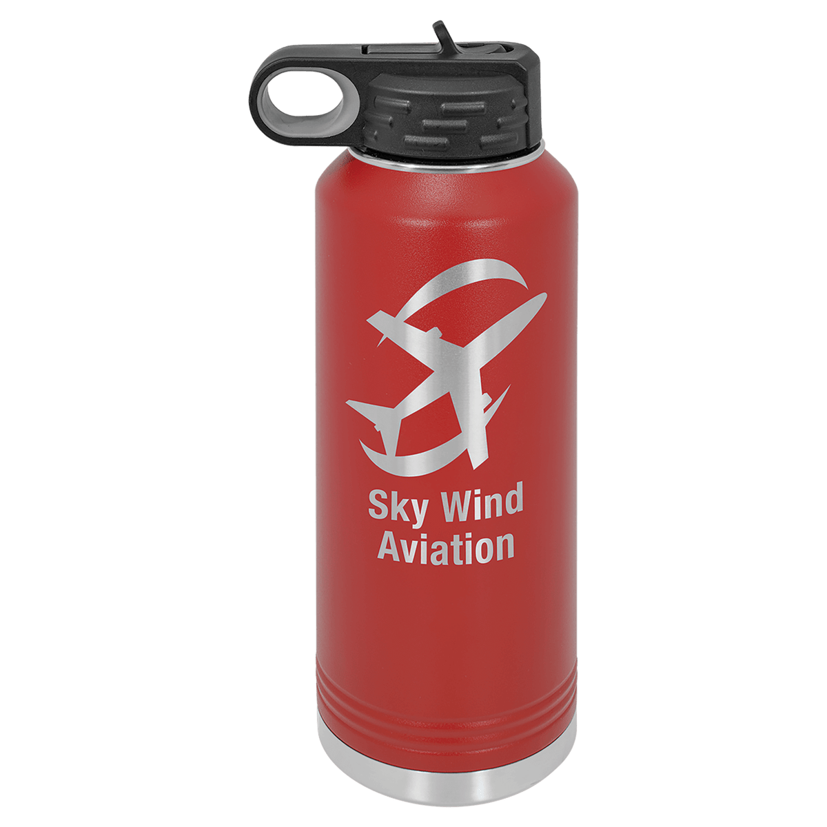 Personalized 40 oz red powder coated insulated water bottle with flip-top straw lid