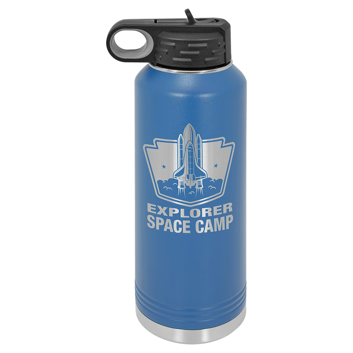 Personalized 40 oz royal blue powder coated insulated water bottle with flip-top straw lid