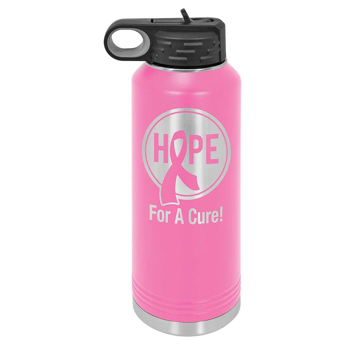 Personalized 40 oz pink powder coated insulated water bottle with flip-top straw lid