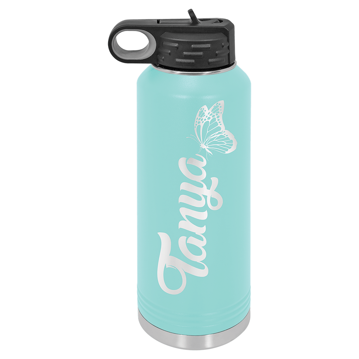 Personalized 40 oz teal powder coated insulated water bottle with flip-top straw lid