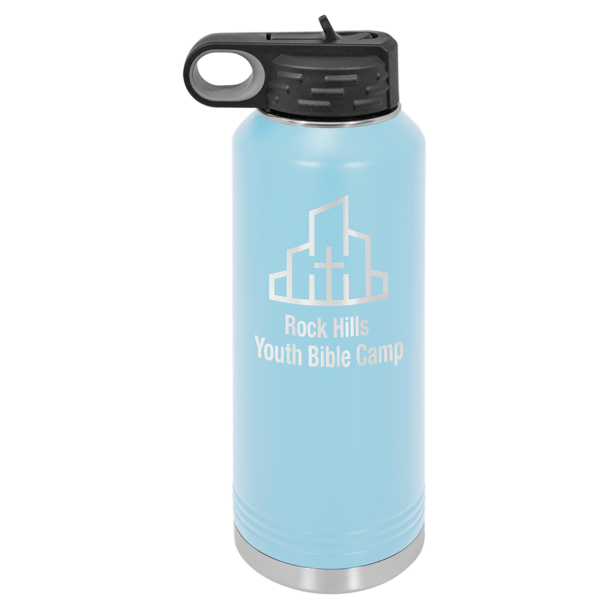 Personalized 40 oz light blue powder coated insulated water bottle with flip-top straw lid