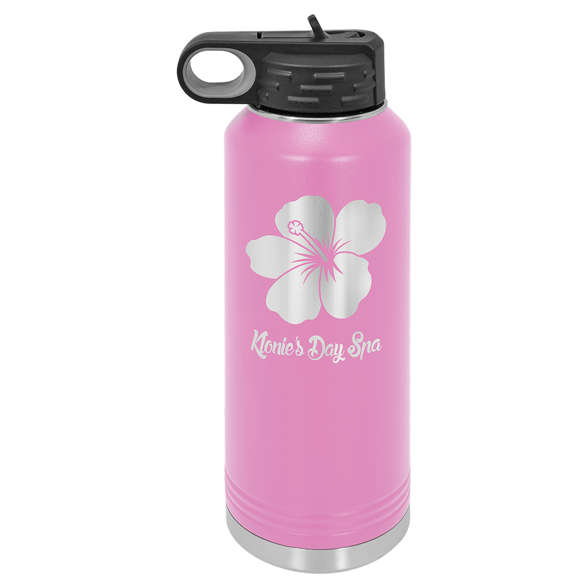 Personalized 40 oz light purple powder coated insulated water bottle with flip-top straw lid