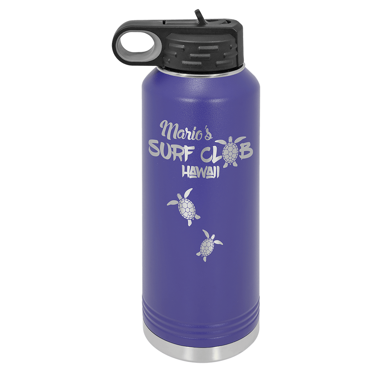 Personalized 40 oz purple powder coated insulated water bottle with flip-top straw lid