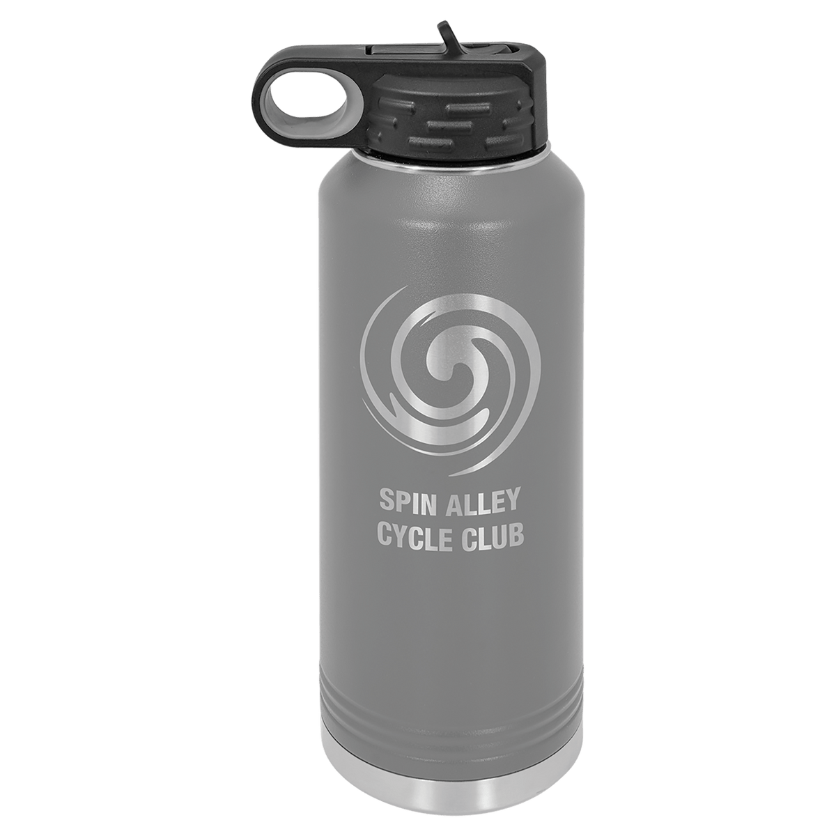 Personalized 40 oz dark gray powder coated insulated water bottle with flip-top straw lid