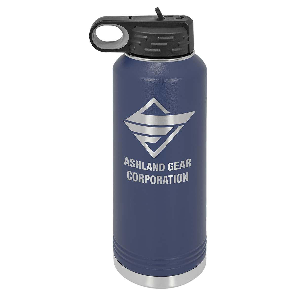 Personalized 40 oz navy blue powder coated insulated water bottle with flip-top straw lid