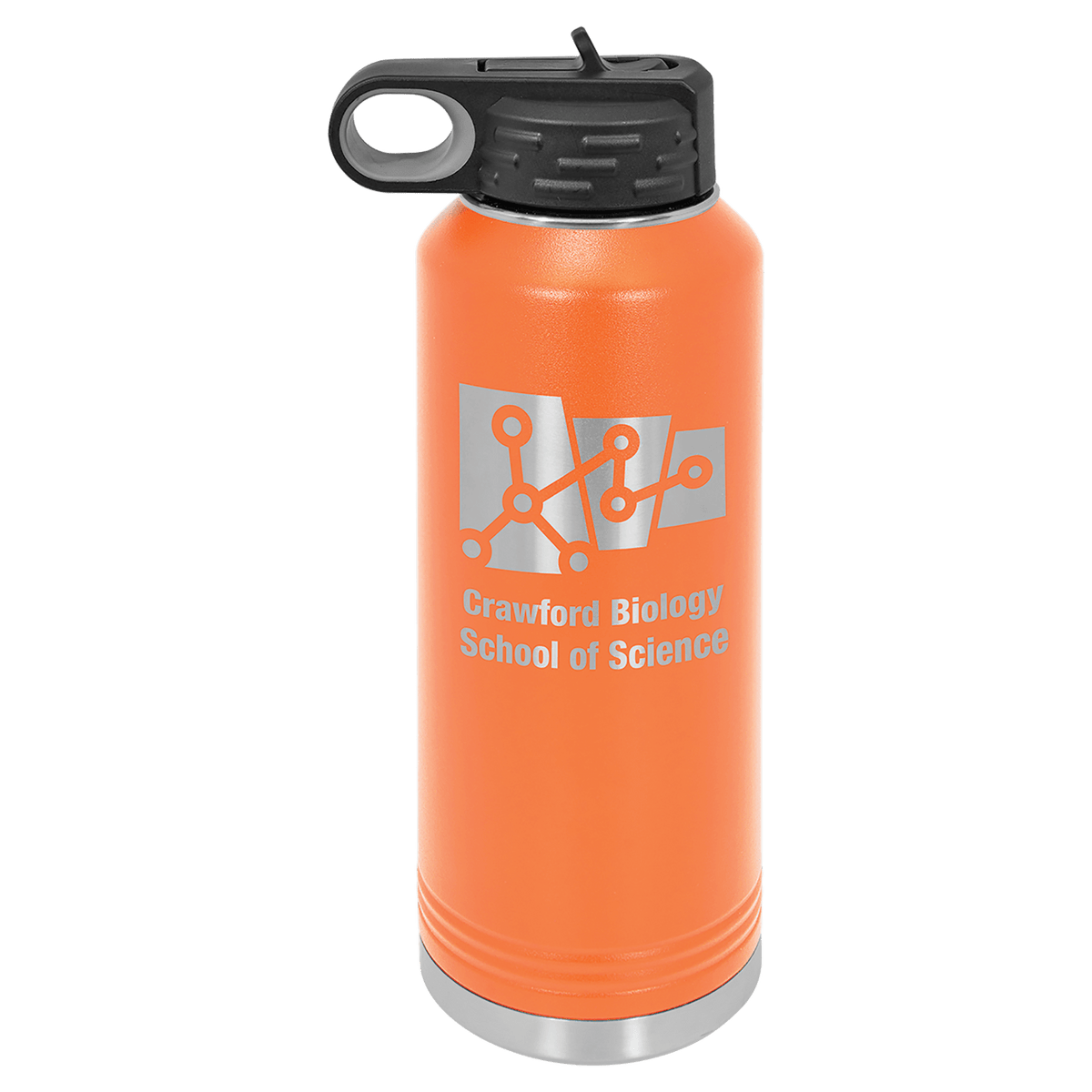 Personalized 40 oz orange powder coated insulated water bottle with flip-top straw lid