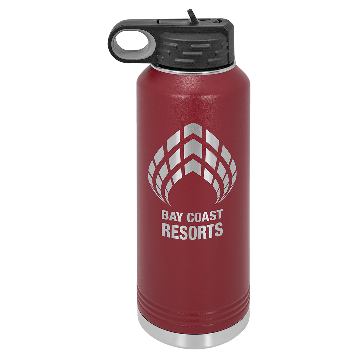 Personalized 40 oz maroon powder coated insulated water bottle with flip-top straw lid