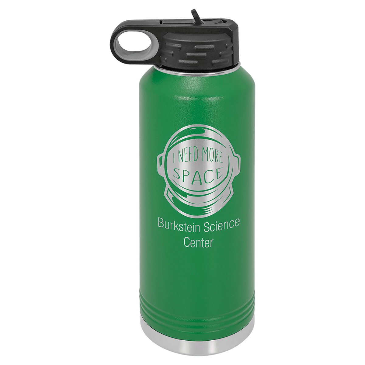 Personalized 40 oz green powder coated insulated water bottle with flip-top straw lid