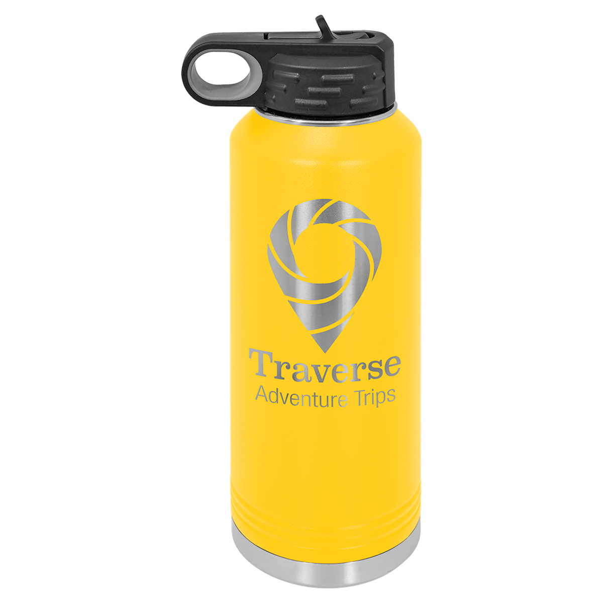 Personalized 40 oz yellow powder coated insulated water bottle with flip-top straw lid