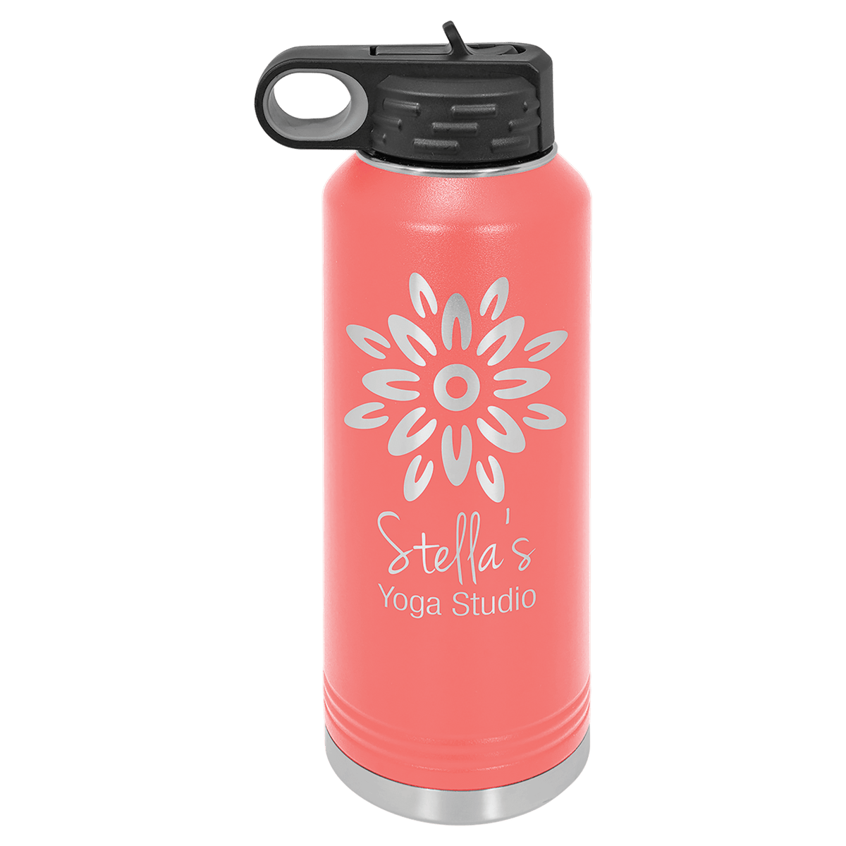 Personalized 40 oz coral powder coated insulated water bottle with flip-top straw lid