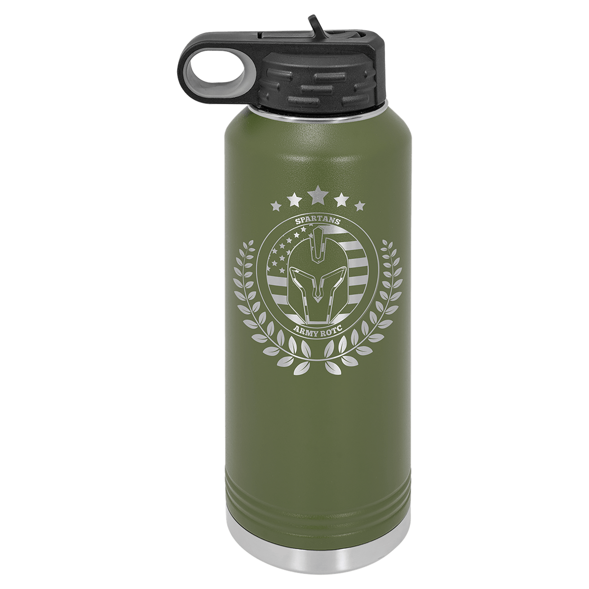 Personalized 40 oz olive green powder coated insulated water bottle with flip-top straw lid