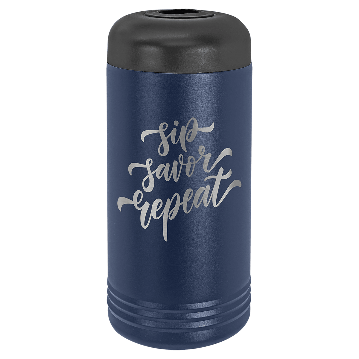 Personalized insulated wine bottle chiller in navy blue