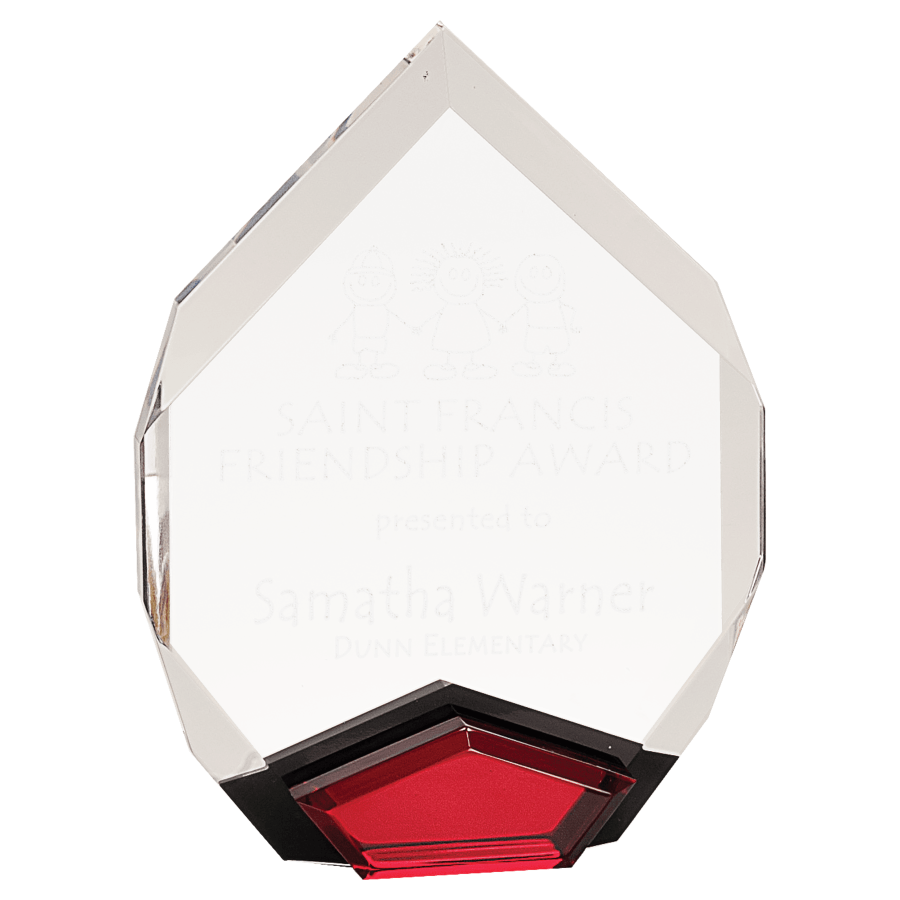 Red Marquis Acrylic award, 6" x 8", self-standing acrylic with clear engraving area