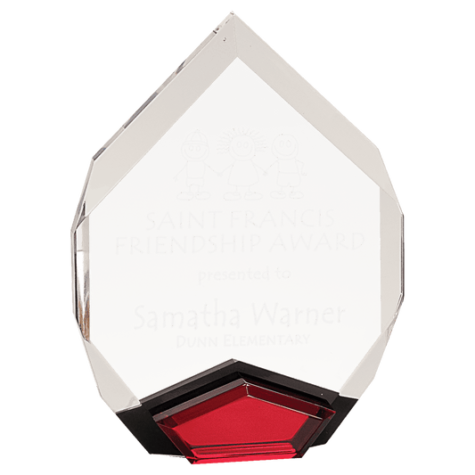 Red Marquis Acrylic award, 6" x 8", self-standing acrylic with clear engraving area