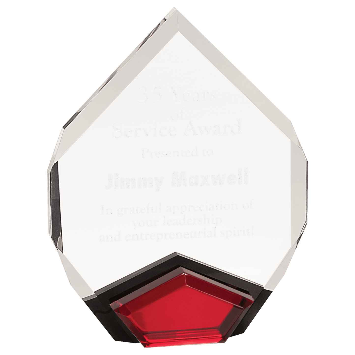 Red Marquis Acrylic award, 7" x 9", self-standing acrylic with clear engraving area