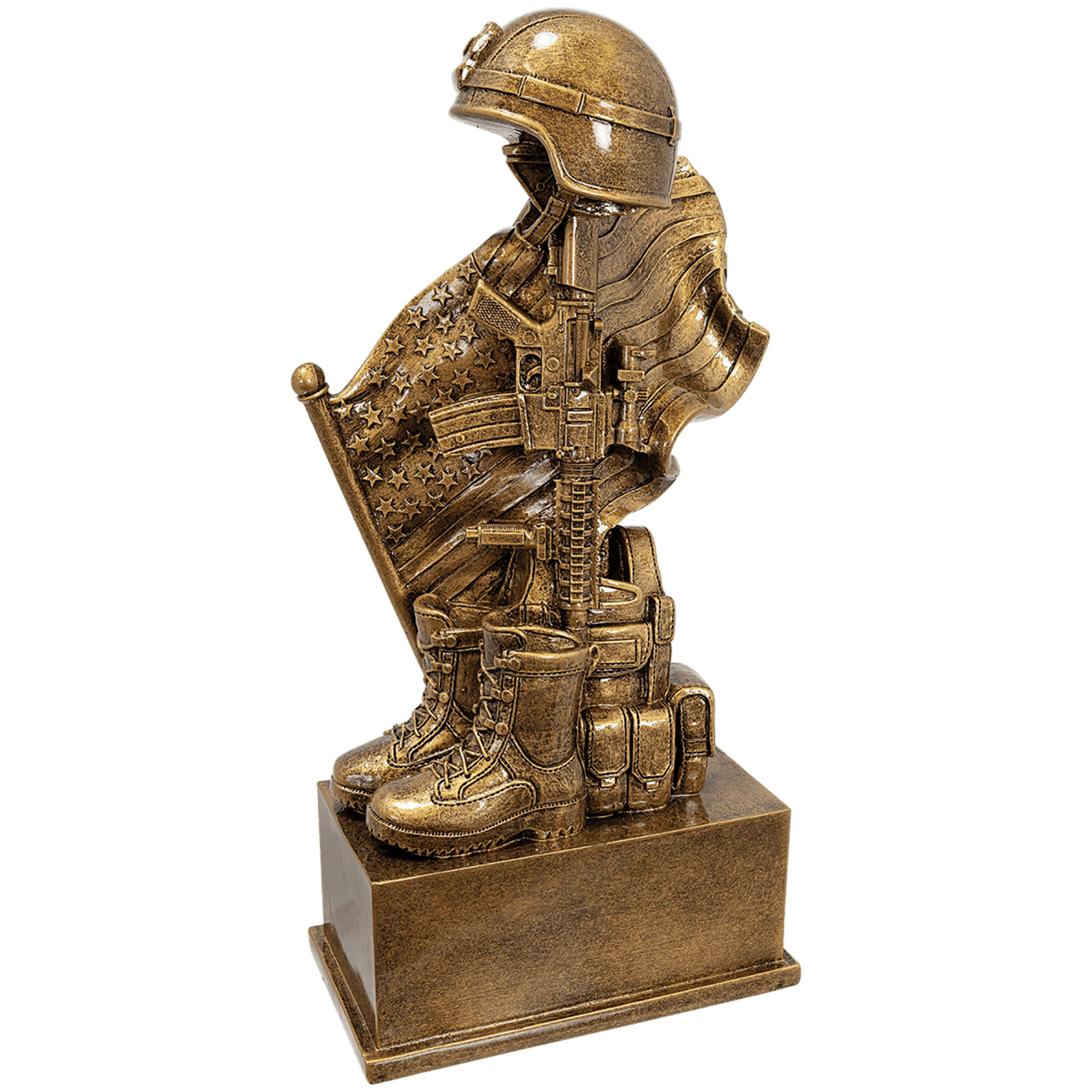 Antique gold military resin award, helmet on rifle with flag and boot, 8.75 inches
