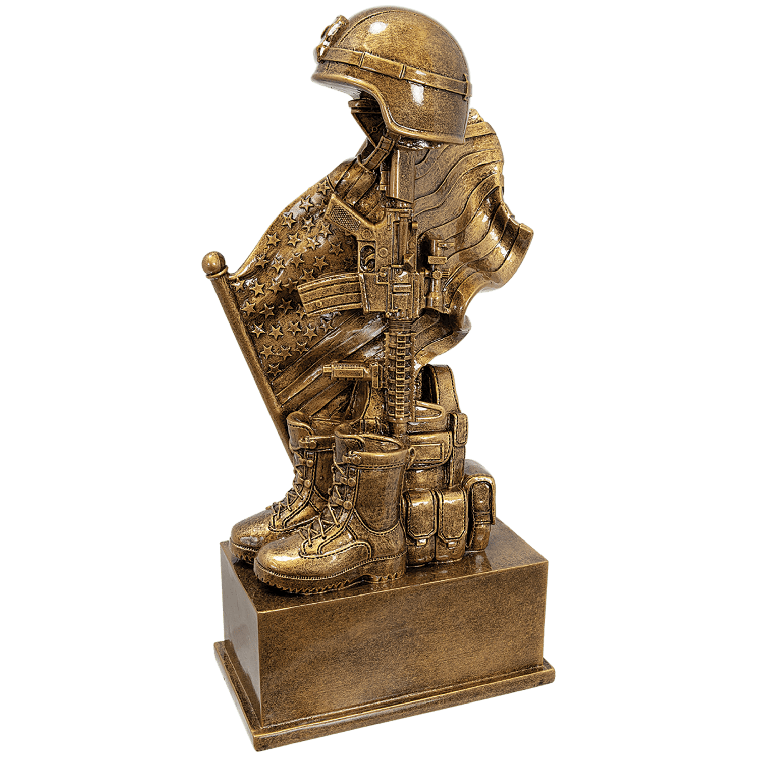 Antique gold military resin award, helmet on rifle with flag and boot, 8.75 inches