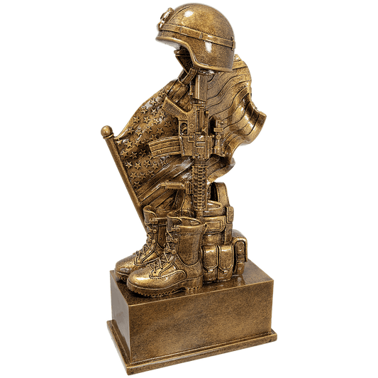 Antique gold military resin award, helmet on rifle with flag and boot, 8.75 inches