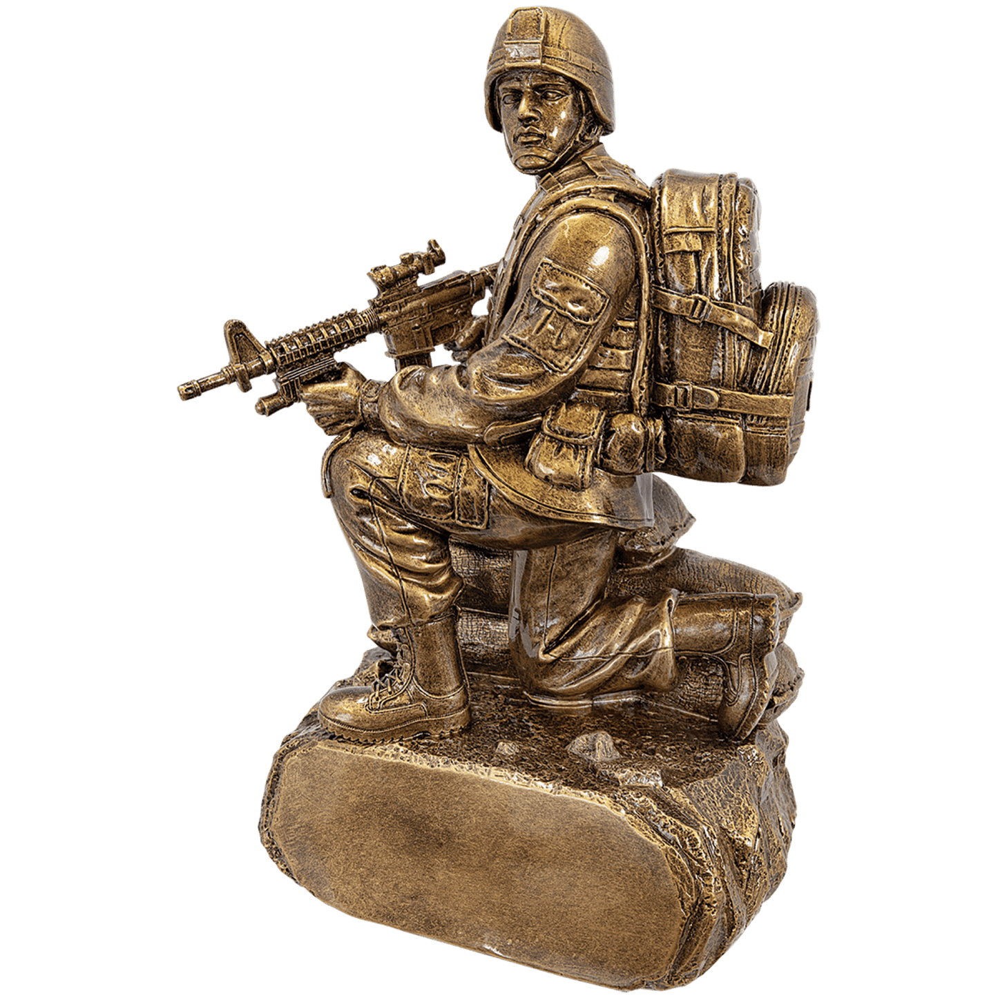 Antique gold military resin award, kneeling soldier with sandbags, 10 inches