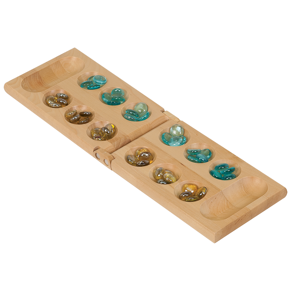 Personalized wood mancala game board, open with marbles