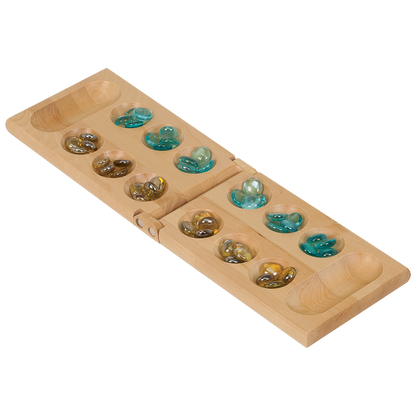 Personalized wood mancala game board, open with marbles
