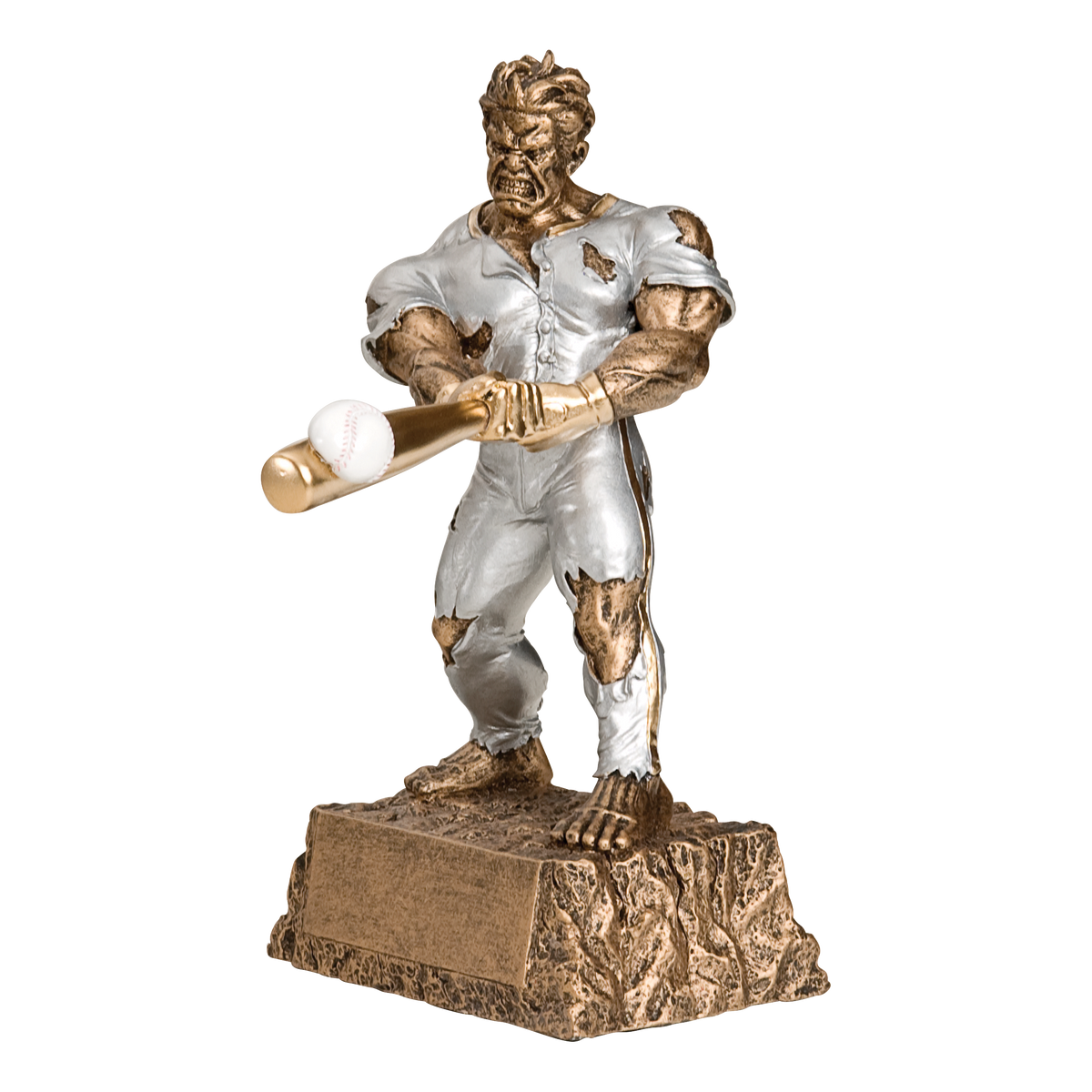 Hand-painted gold and silver resin trophy of a muscular monster in a torn baseball uniform gripping a bat, on a textured base with a blank engraving plate