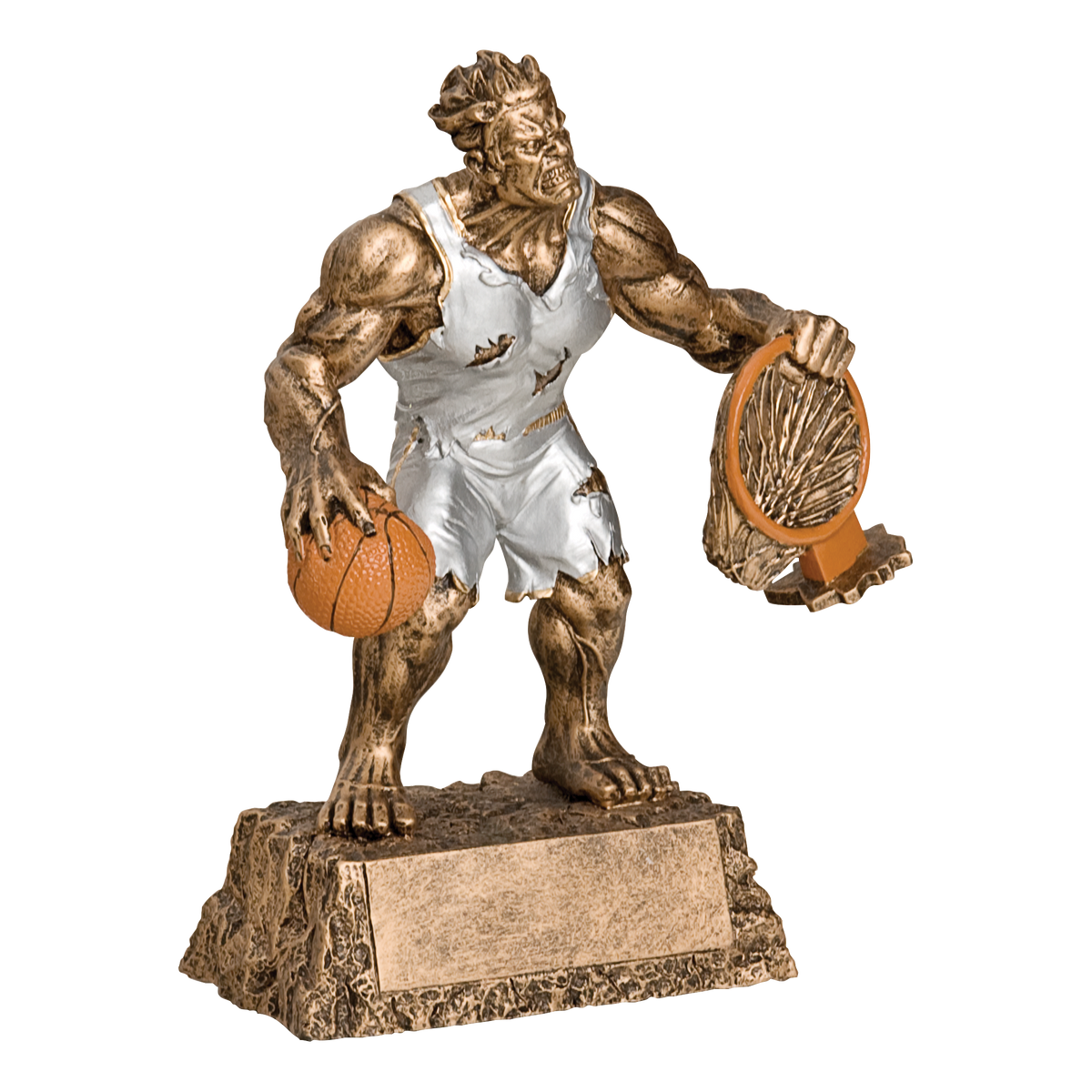 Hand-painted gold and silver resin trophy of a muscular monster in a torn basketball uniform holding a basketball, on a textured base with a blank engraving plate