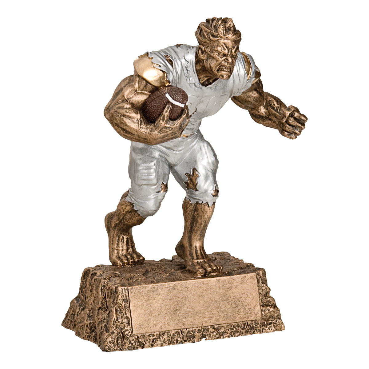 Hand-painted gold and silver resin trophy of a snarling muscular monster in a torn football uniform carrying a football, on a textured base with a blank engraving plate
