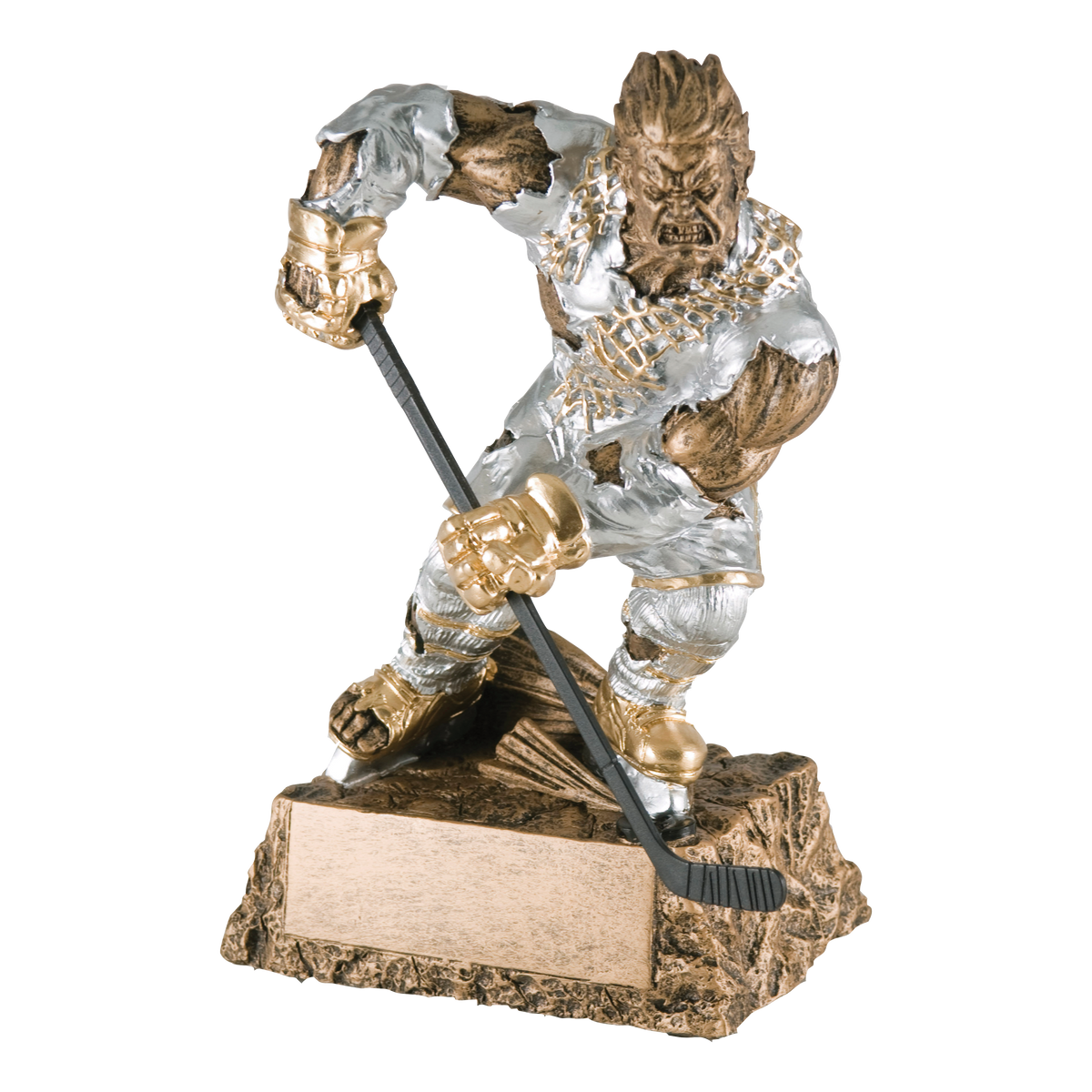 Hand-painted gold and silver resin trophy of a muscular monster in a torn hockey jersey holding a stick, on a textured base with a blank engraving plate