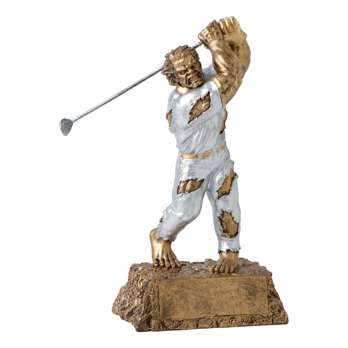 Hand-painted gold and silver resin trophy of a muscular monster mid golf swing with a club, on a textured base with a blank engraving plate