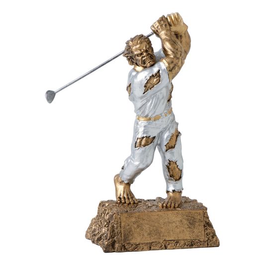 Hand-painted gold and silver resin trophy of a muscular monster mid golf swing with a club, on a textured base with a blank engraving plate