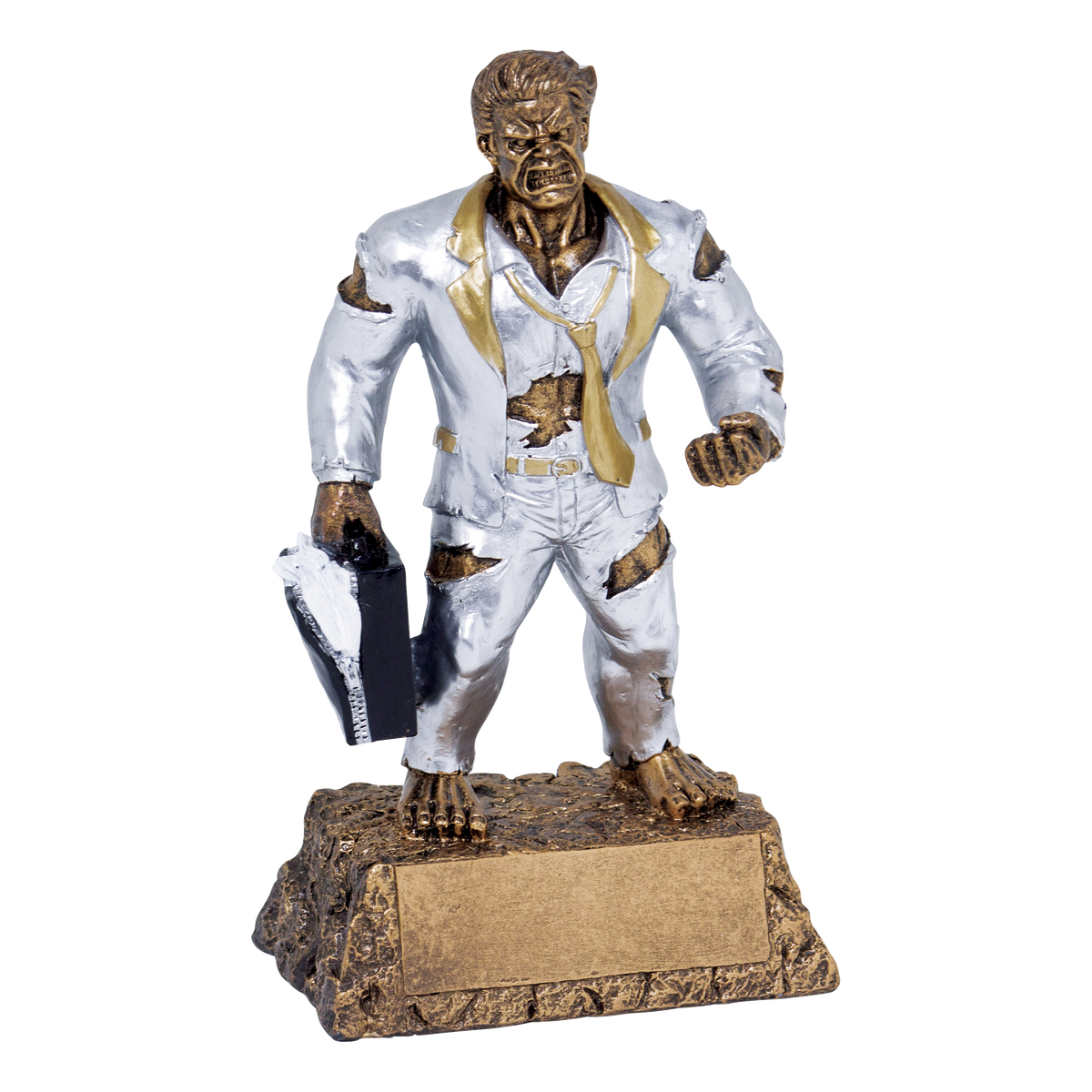 Hand-painted gold and silver resin trophy of a muscular monster in a business suit with a briefcase, on a textured base with a blank engraving plate