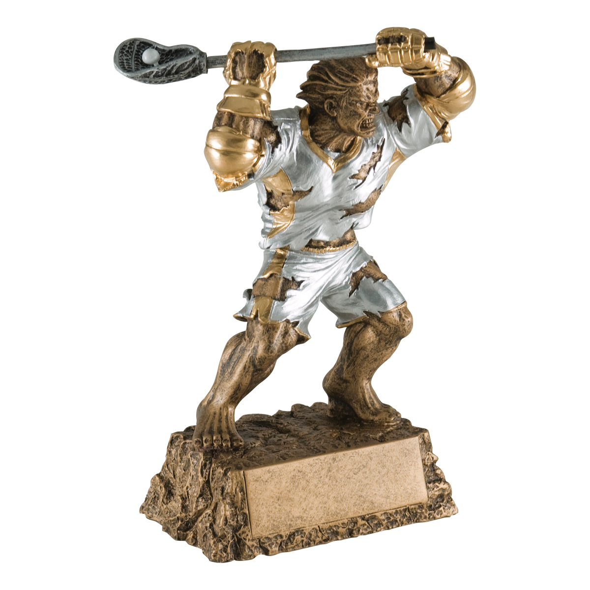 Hand-painted gold and silver resin trophy of a muscular monster in a torn lacrosse jersey with a lacrosse stick, on a textured base with a blank engraving plate