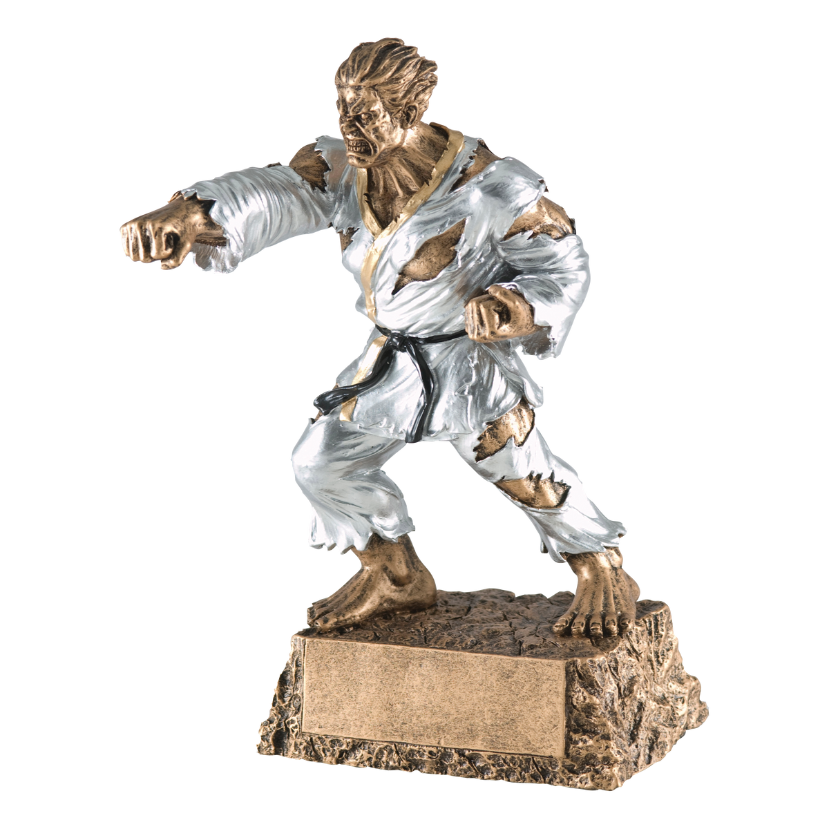 Hand-painted gold and silver resin trophy of a muscular monster in a karate gi in a fighting stance, on a textured base with a blank engraving plate