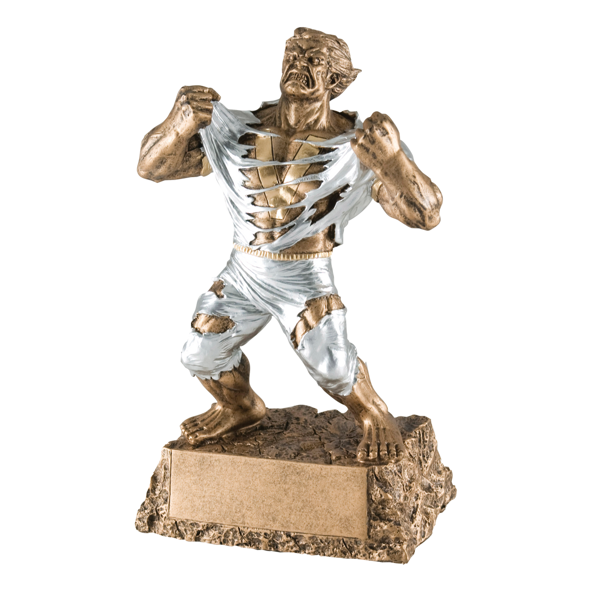 Hand-painted gold and silver resin victory trophy of a muscular monster in a triumphant pose, on a textured base with a blank engraving plate