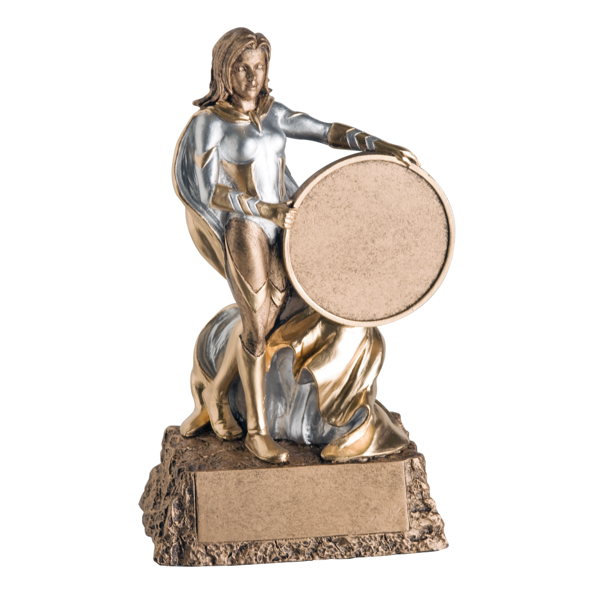 Hand-painted gold and silver resin trophy of a muscular super hero monster wearing a cape, on a textured base with a blank engraving plate