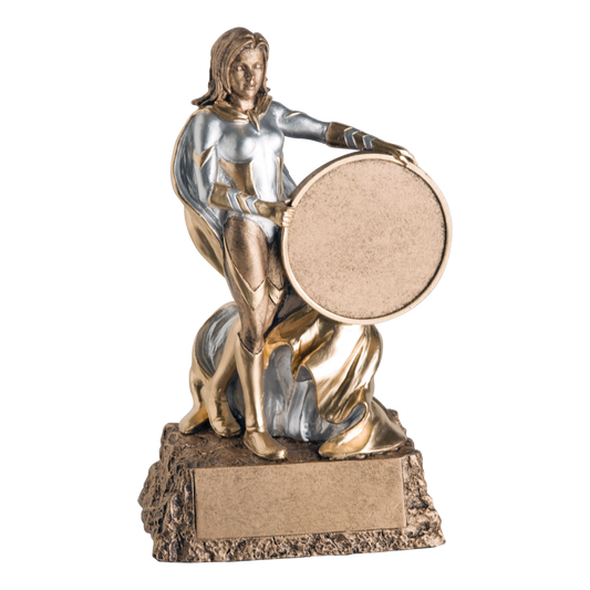 Hand-painted gold and silver resin trophy of a muscular super hero monster wearing a cape, on a textured base with a blank engraving plate