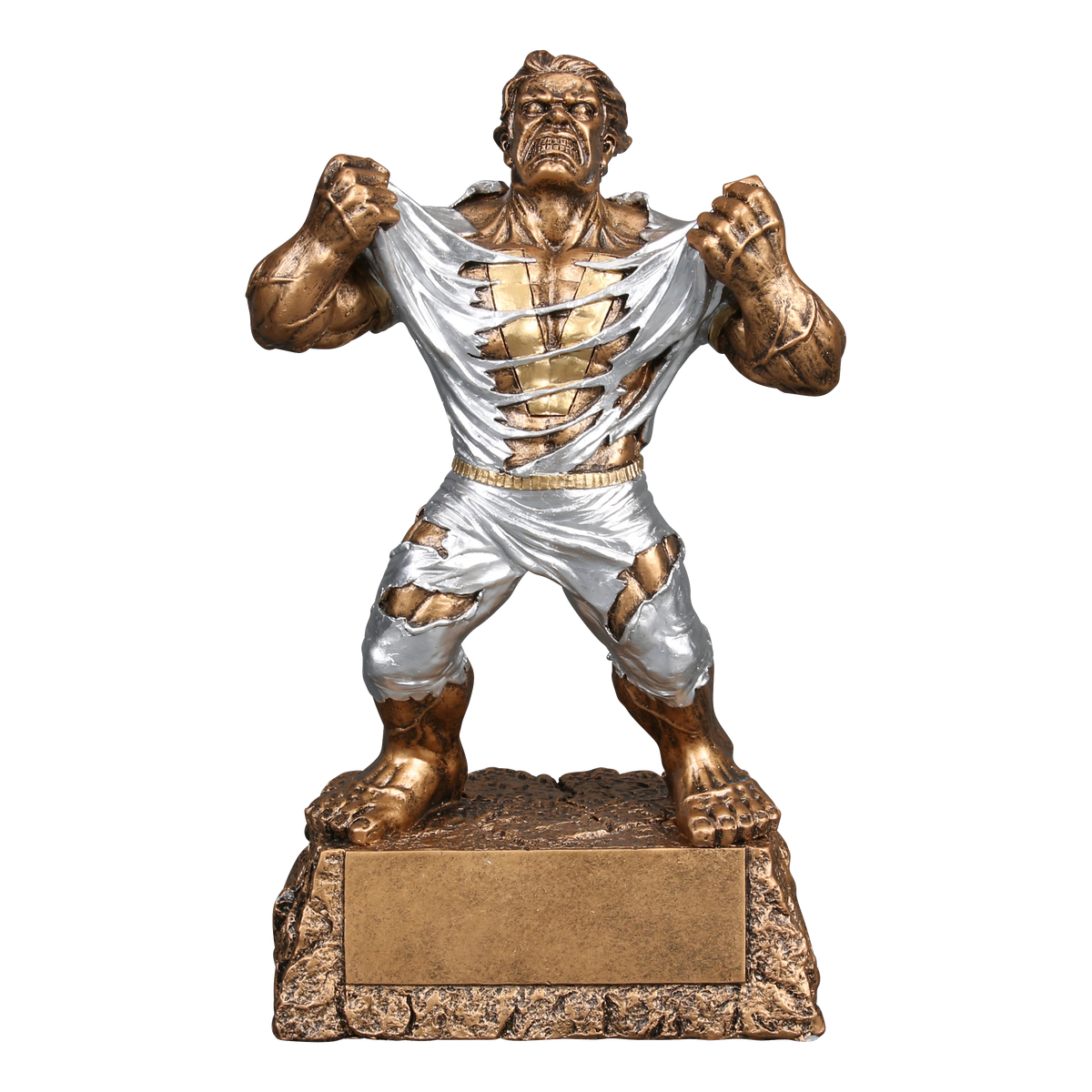 Nine-inch hand-painted gold and silver resin victory monster trophy shown from the front, on a textured base with a blank engraving plate