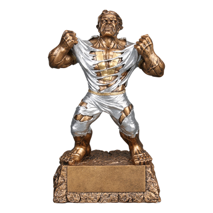 Nine-inch hand-painted gold and silver resin victory monster trophy shown from the front, on a textured base with a blank engraving plate