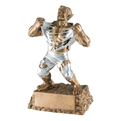 Nine-inch resin victory monster trophy viewed from the left side, showing the sculpted detail and textured base