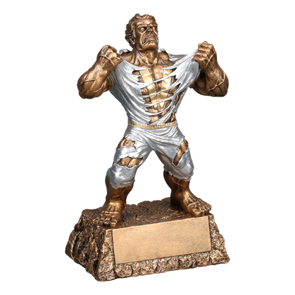 Nine-inch resin victory monster trophy viewed from the right side, showing the sculpted detail and textured base
