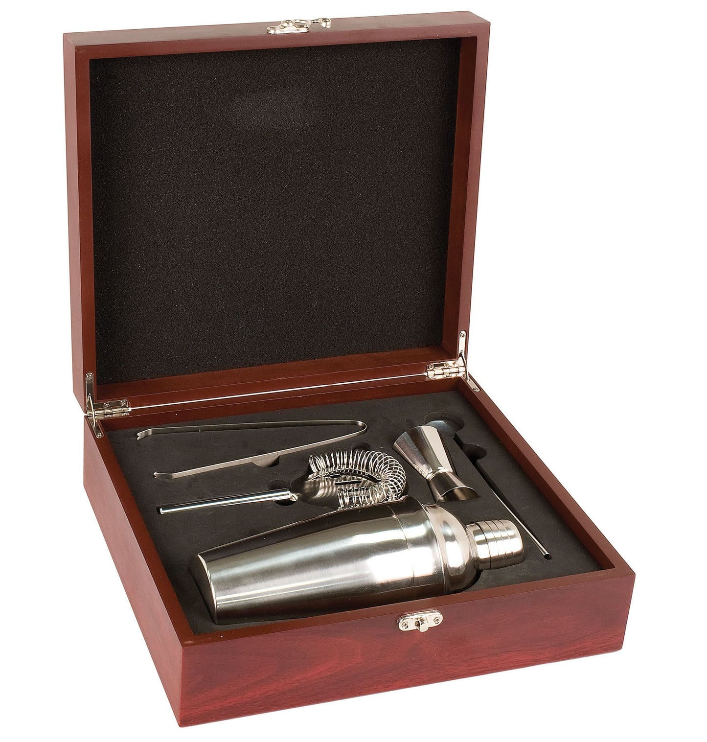 Cocktail shaker set with bar tools in a wooden box