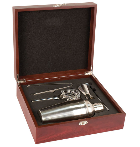Cocktail shaker set with bar tools in a wooden box